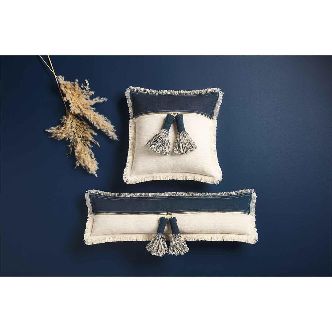 Long Two Tone Navy and Ivory Dhurrie Pillow
