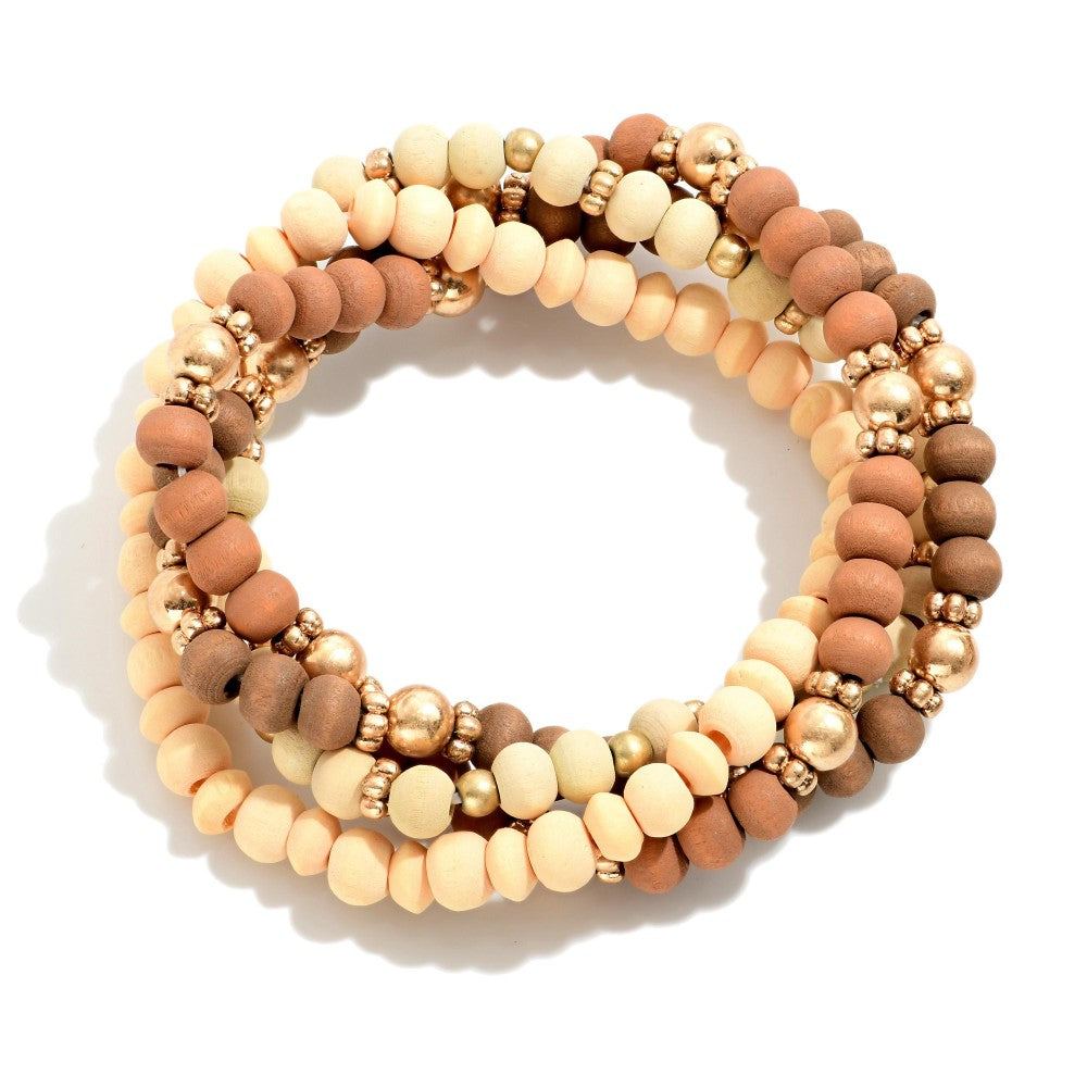 Wood Beaded Bracelets With Gold Tone Accent Beads