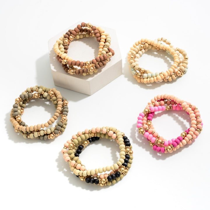 Wood Beaded Bracelets With Gold Tone Accent Beads