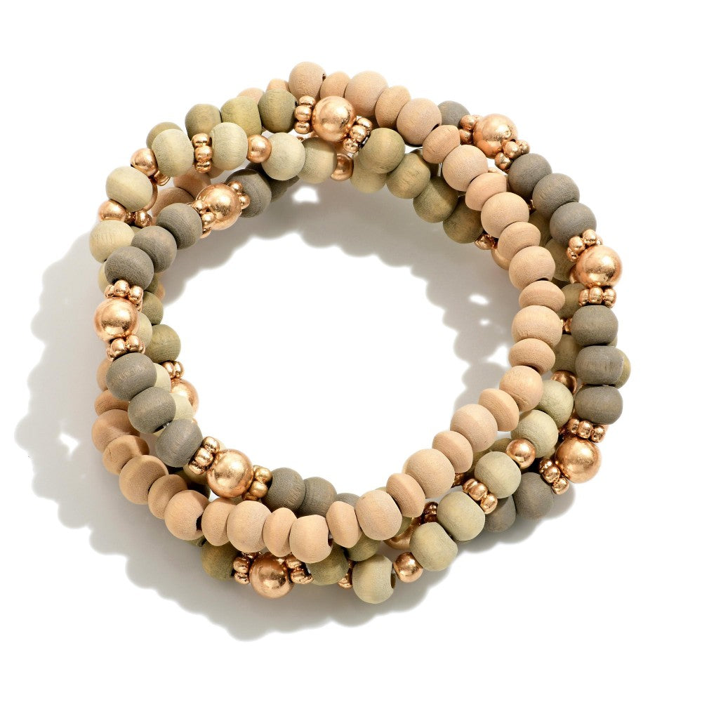 Wood Beaded Bracelets With Gold Tone Accent Beads