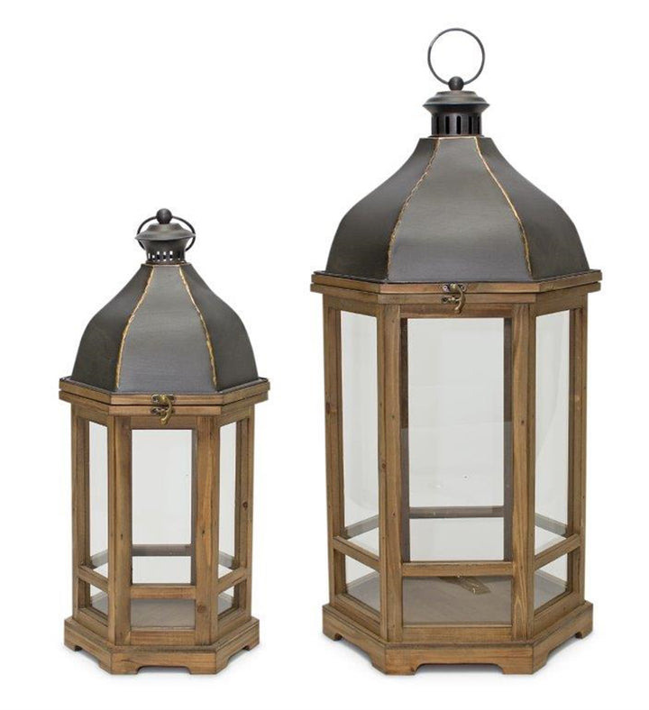 Iron Topped Wood Lantern Sm