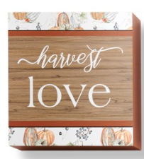The perfect way to decorate a book shelf, entryway console or wall is with this ready-to-hang seasonal sign detailed with a pumpkin border and an inspirational sentiment: HARVEST LOVE