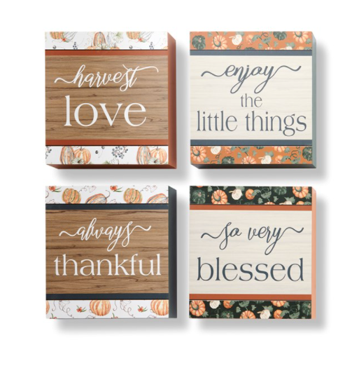 The perfect way to decorate a book shelf, entryway console or wall is with this ready-to-hang seasonal sign detailed with a pumpkin border and an inspirational sentiment. Available in 4 assorted designs: SO VERY BLESSED, ALWAYS THANKFUL, HARVEST LOVE, ENJOY THE LITTLE THINGS.