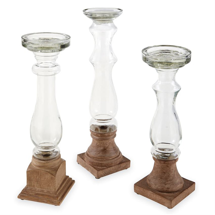 Glass & Wood Candlestick Set