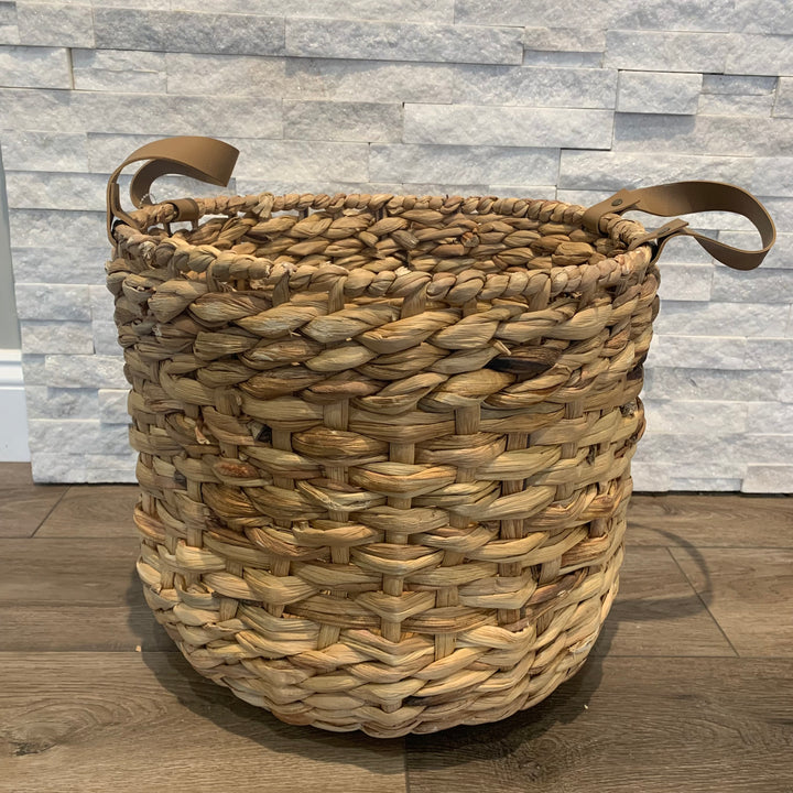 Faux Leather Handled Wicker Basket Lg