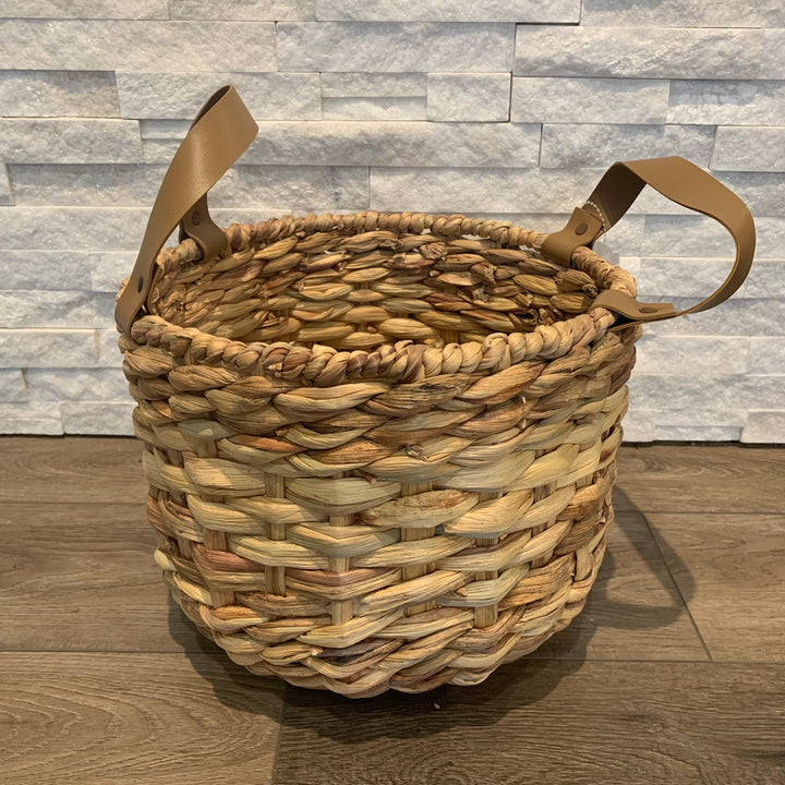 Faux Leather Handled Wicker Basket Sm