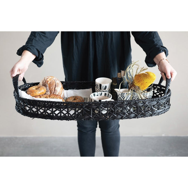 black woven rattan tray