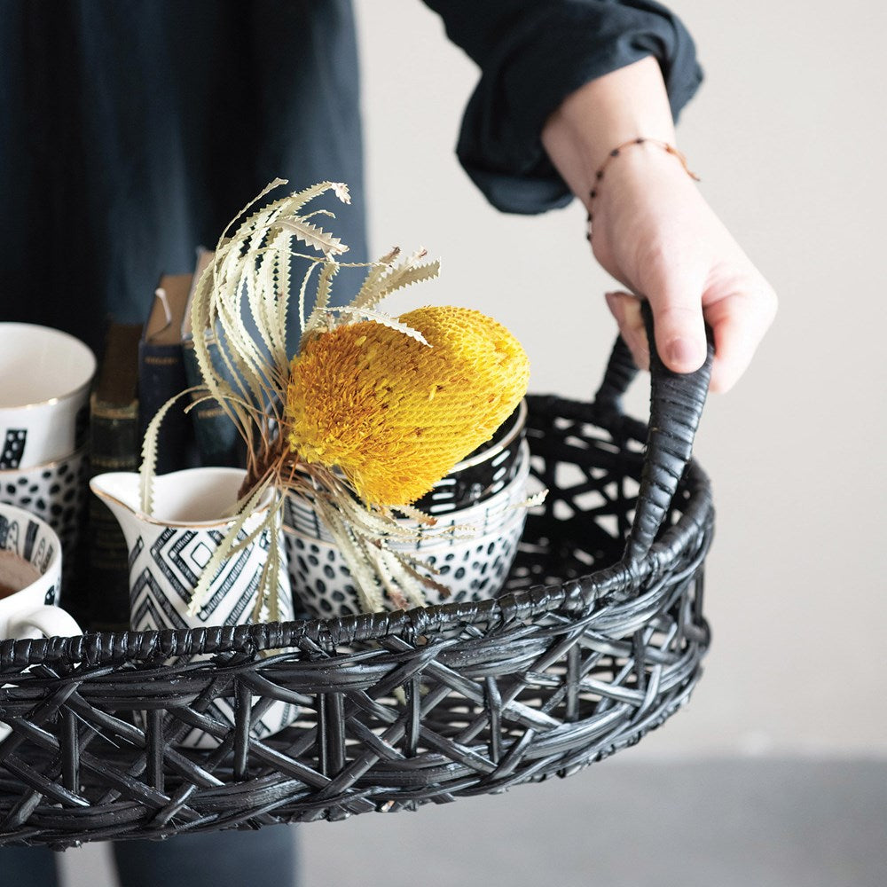 black woven rattan tray