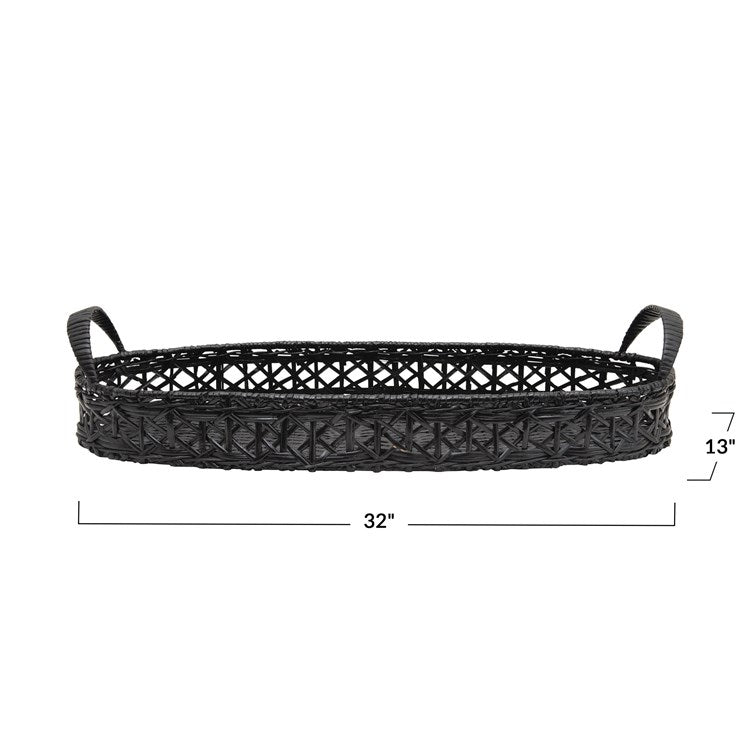black woven rattan tray with dimensions