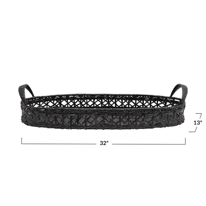 black woven rattan tray with dimensions
