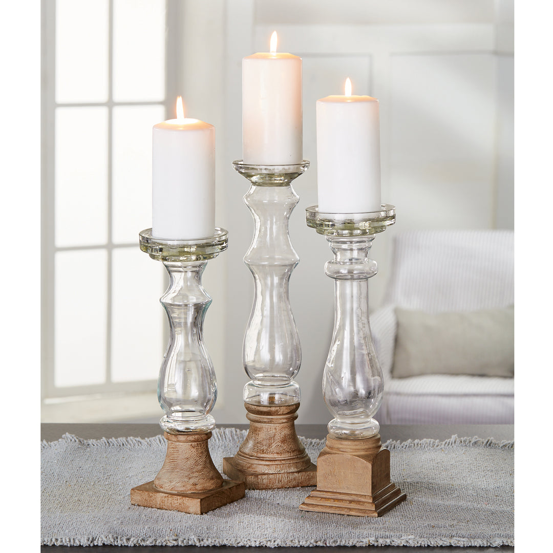 Glass & Wood Candlestick Set