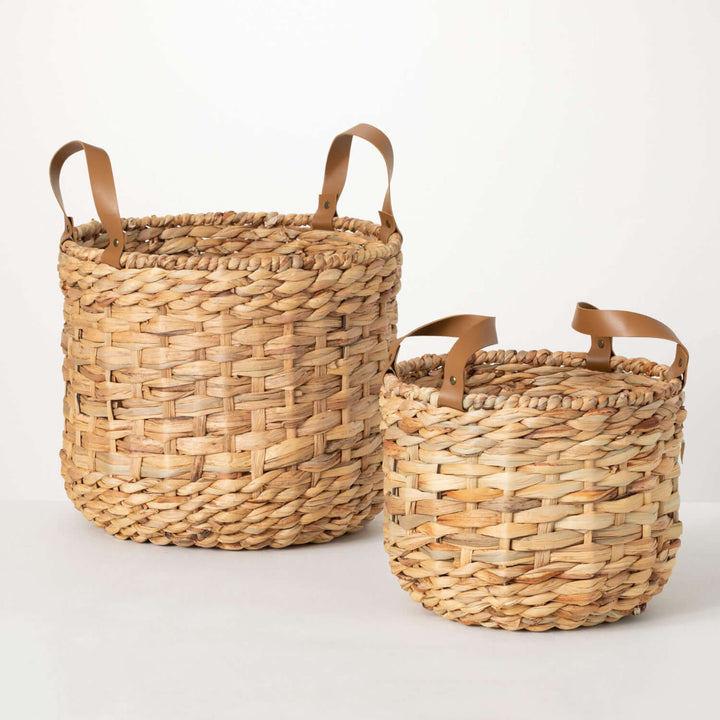 Faux Leather Handled Wicker Basket Lg