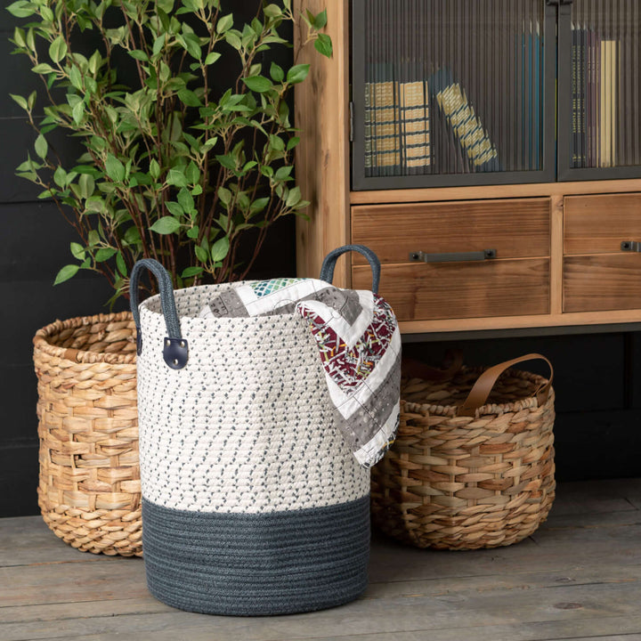 Faux Leather Handled Wicker Basket Lg