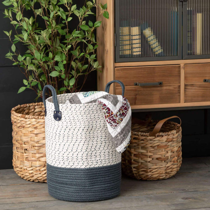 Faux Leather Handled Wicker Basket Sm