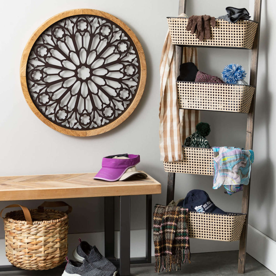 Faux Leather Handled Wicker Basket Lg